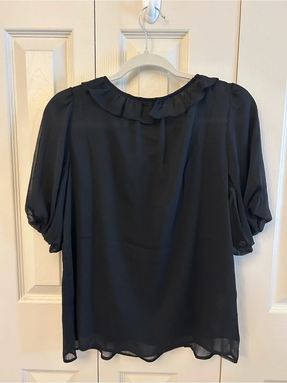 LOFT Black Ruffle Lace-Up V-Neck Puff Sleeve Blouse